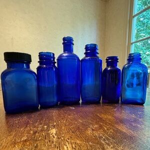 Antique Vintage cobalt glass med apothecary bottles